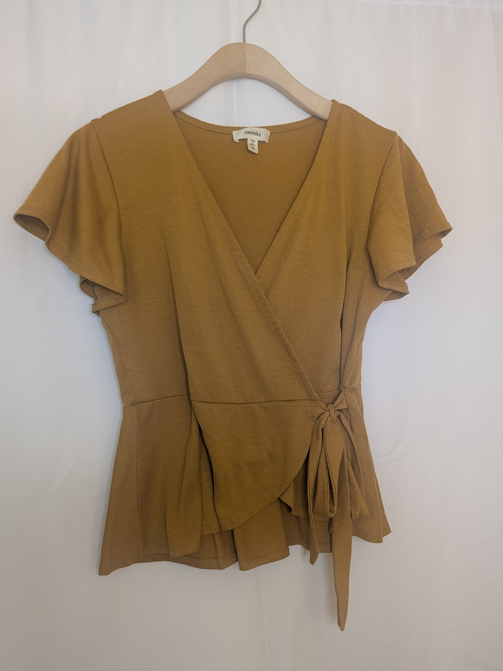🔴5/$25 meraki Mustard Wrap Blouse with Flutter Sleeves